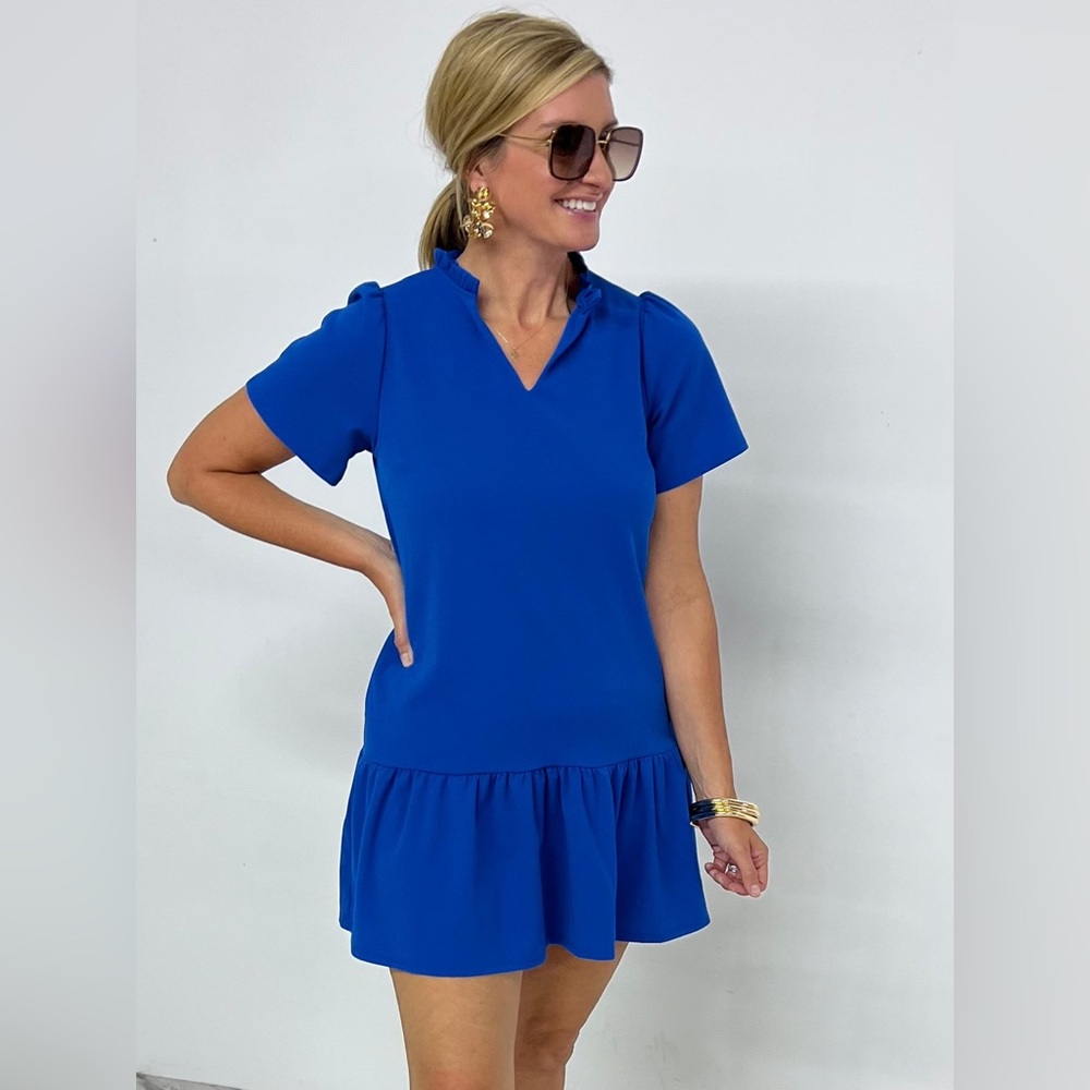 2 Hearts Dress Womens Large Blue Scout V Neck Short Sleeve Ruffle Hem.